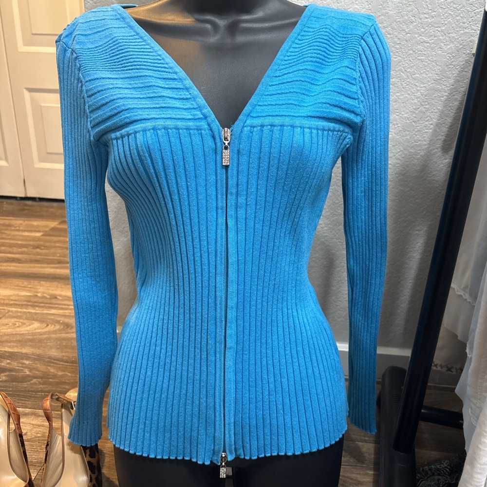 Belldini Blue Ribbed Zip-Up Jacket